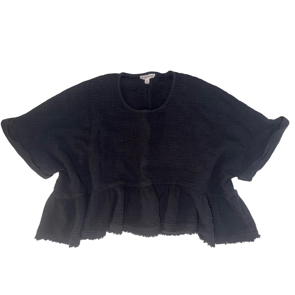 Coastal Grandma Peplum Boxy Cropped Top Womens Medium Navy Cotton Gauze Raw Hem